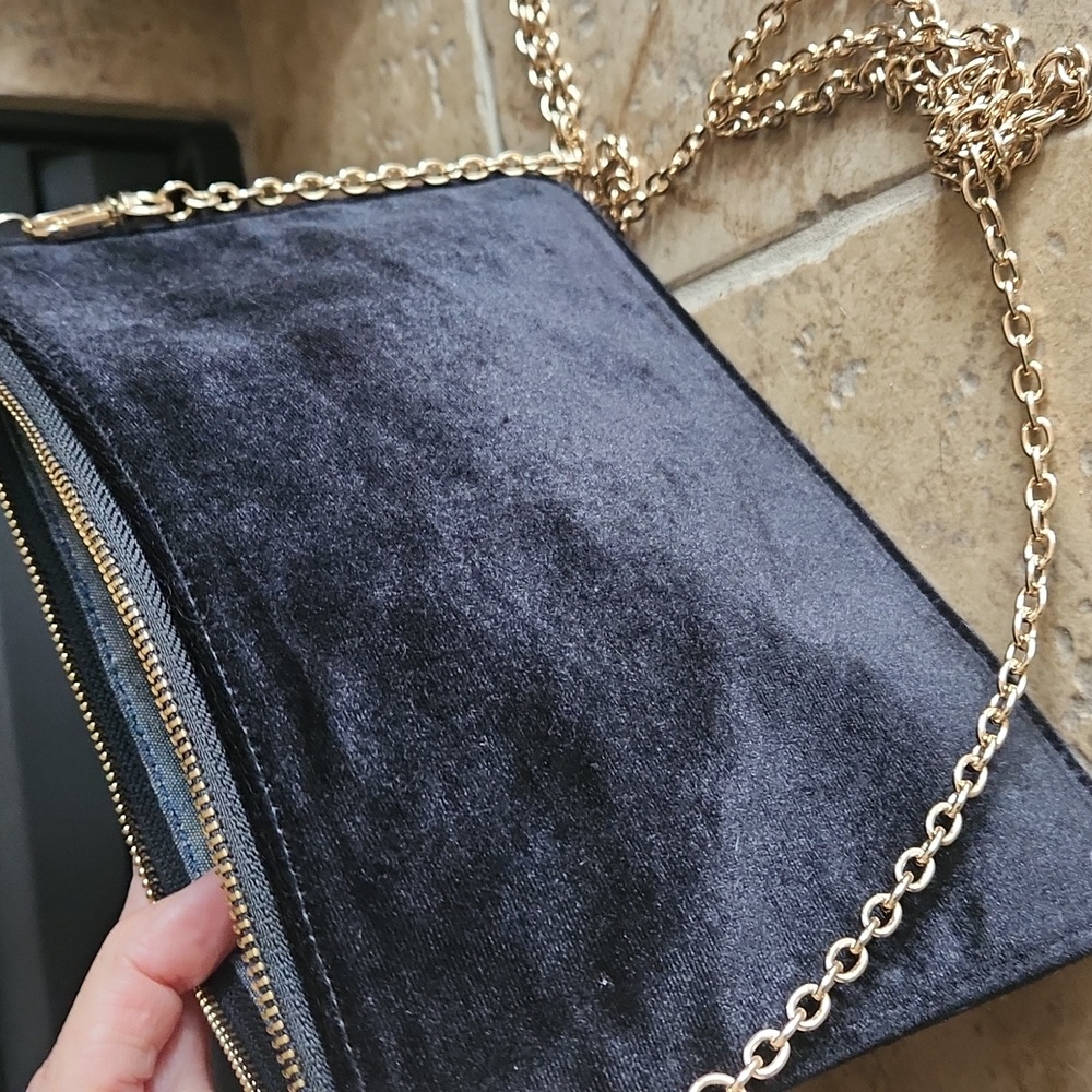 LOFT Black Faux Velvet Crossbody with Gold Chain - Picture 7 of 7